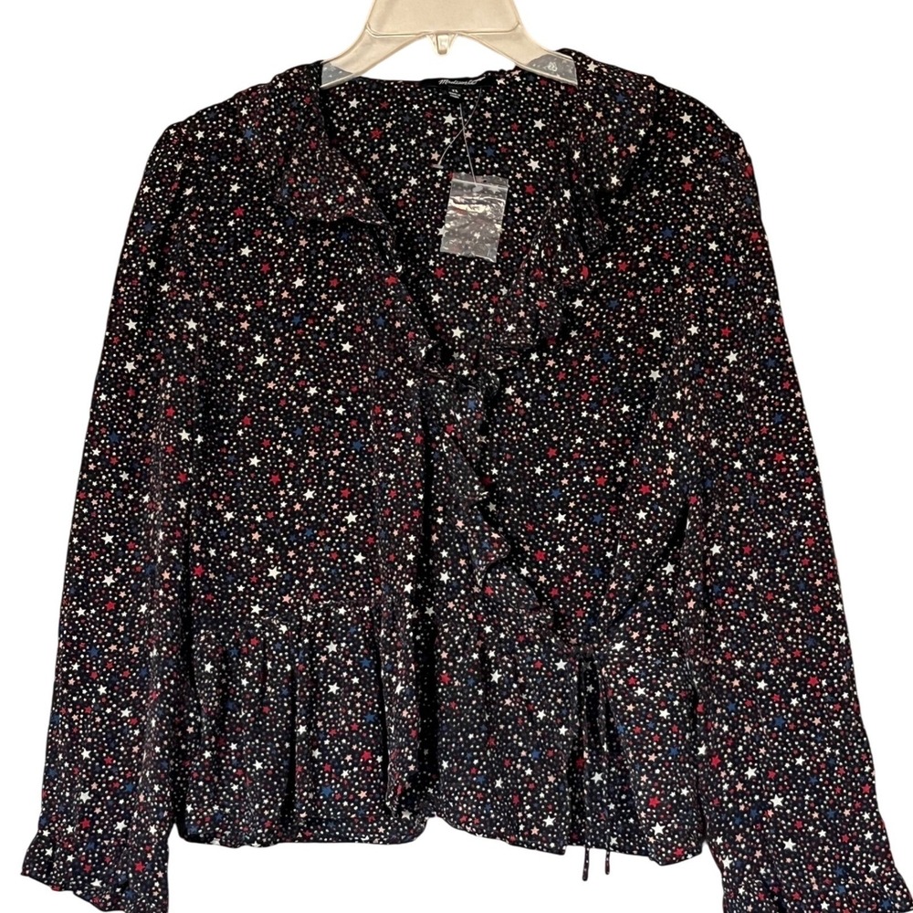 Madewell Star Print Ruffle Wrap Peplum Blouse Top Long Sleeve XL 100% Silk - Picture 5 of 9